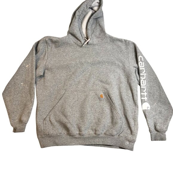 Carhartt Mens Hoodie Sweatshirt Large Pullover Drawstring Cozy Fleece Gray Flaw - Picture 1 of 15